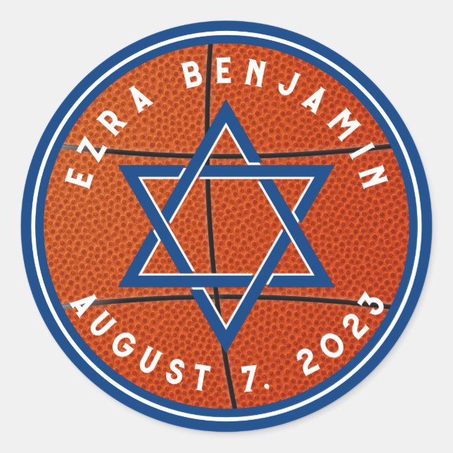 Blue Orange Basketball Theme Bar Mitzvah Classic Round Sticker (Front)