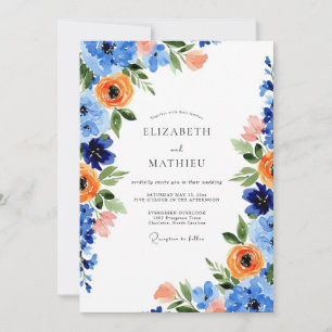 Blue Orange Blooming Spring Wedding Invitation