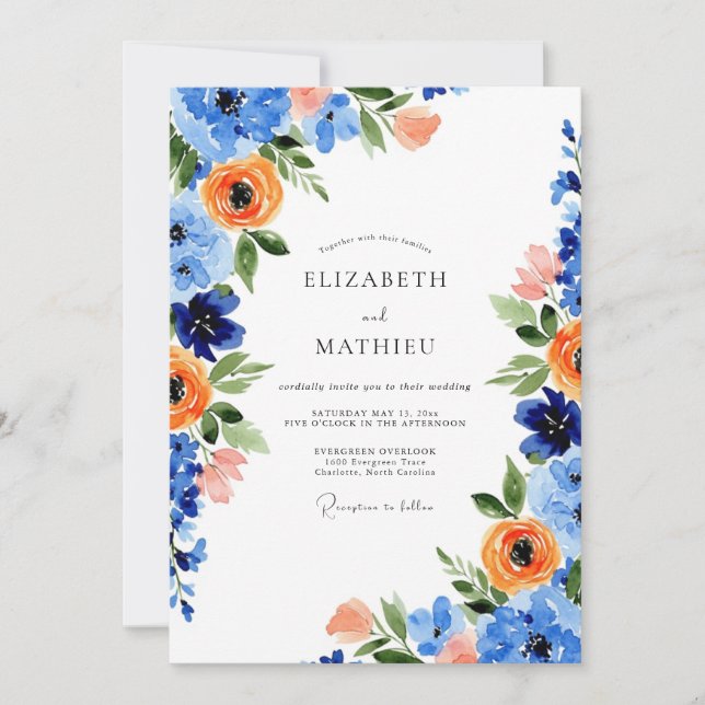 Blue Orange Blooming Spring Wedding Invitation (Front)