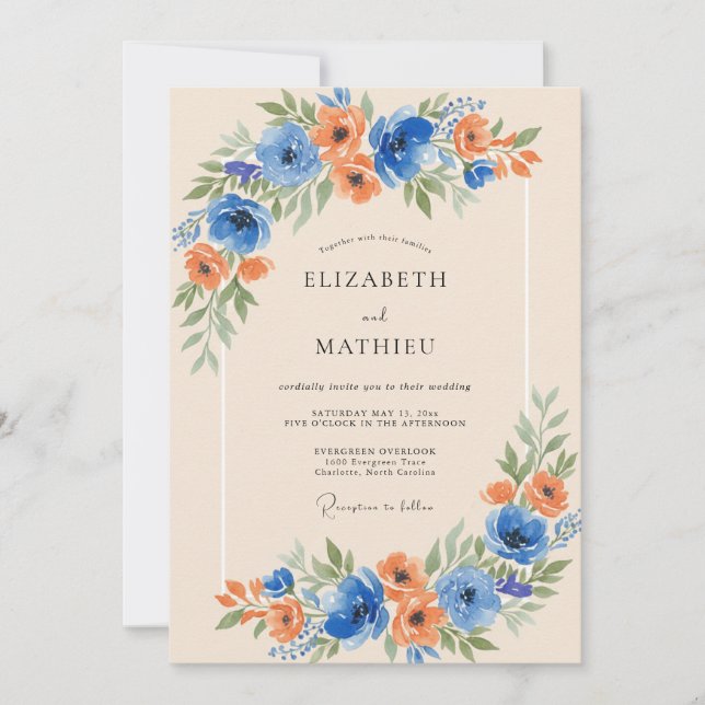 Blue Orange Blossom Flourish Wedding Invitation (Front)