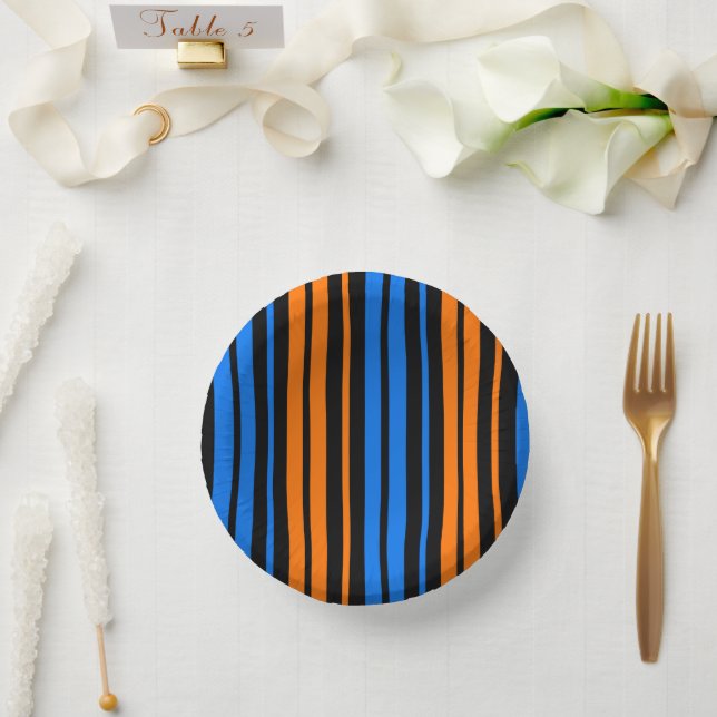 Blue Orange Blue Vertical Stripes Design   Paper Plate (Wedding)