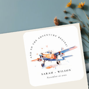 Blue Orange Blush Watercolor Air Plane Wedding Square Sticker