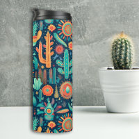 Blue Orange Boho Cactus Western Pattern