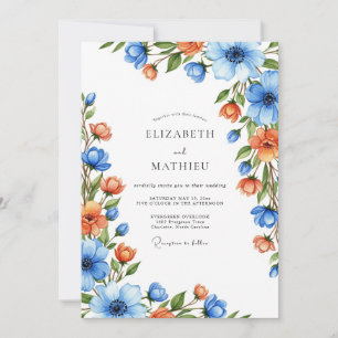 Blue Orange Botanical Romance Wedding Invitation