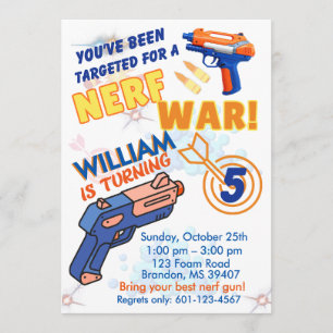 Blue Orange Boys BD Party- Nerf War 5th Birthday Invitation