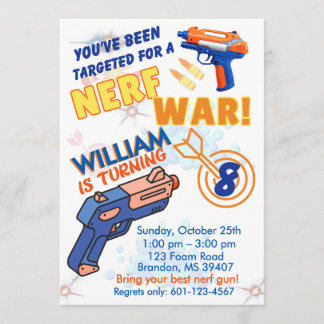 Blue Orange Boys BD Party- Nerf War 8th Birthday Invitation