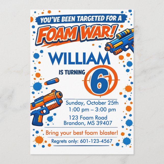 Blue Orange Boys Party- Foam Blaster 6th Birthday Invitation (Front)
