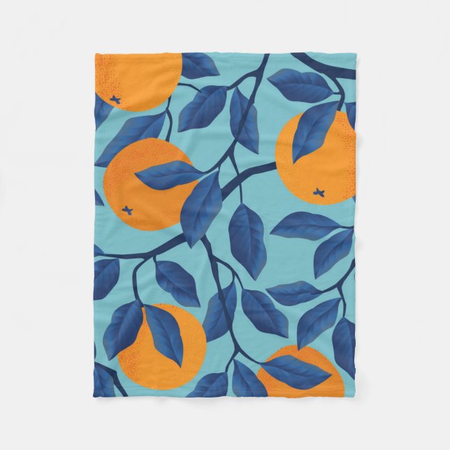 Blue Orange Branch Pattern Fleece Blanket (Front)