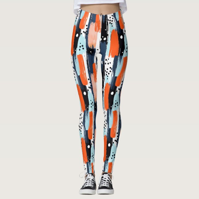 Blue Orange Brushstrokes Abstract Pattern Leggings (Front)