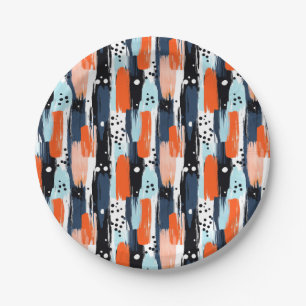 Blue Orange Brushstrokes Abstract Pattern Paper Plate