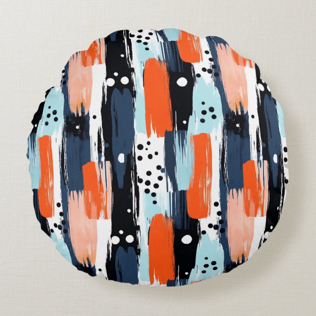 Blue Orange Brushstrokes Abstract Pattern Round Pillow (Front)