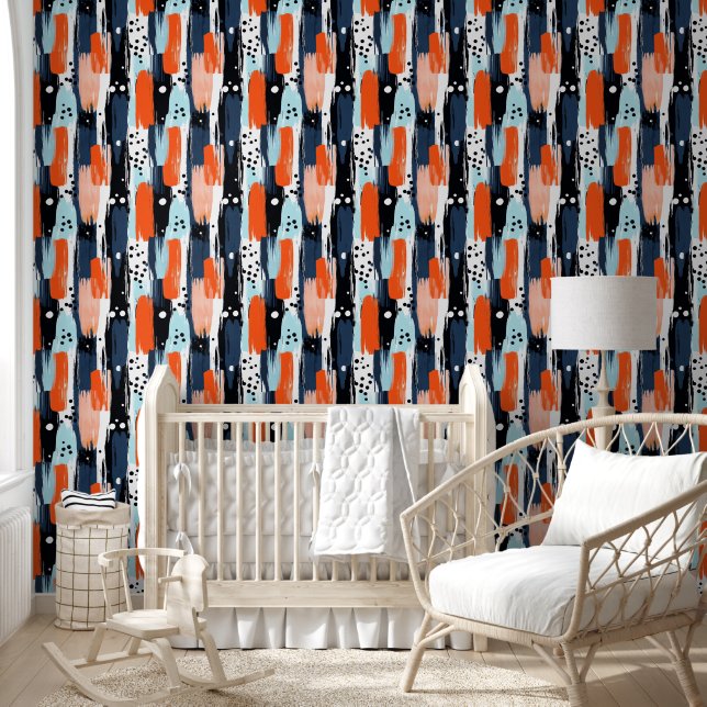 Blue Orange Brushstrokes Abstract Pattern Wallpaper (Kids)