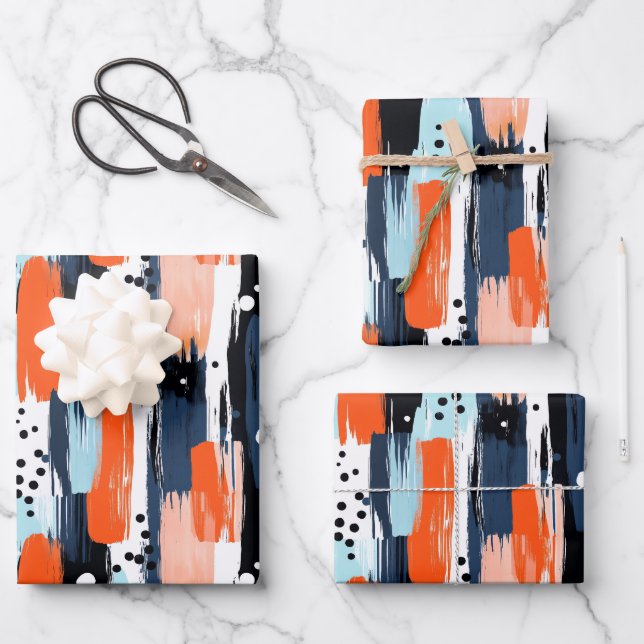 Blue Orange Brushstrokes Abstract Pattern Wrapping Paper Sheet (Front)