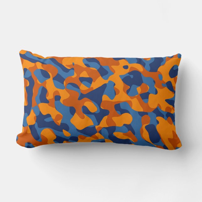 Blue Orange Camouflage Print Pattern Lumbar Pillow (Front)