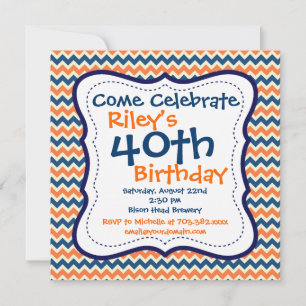 Blue Orange Chevron 40th Birthday Party Invitation
