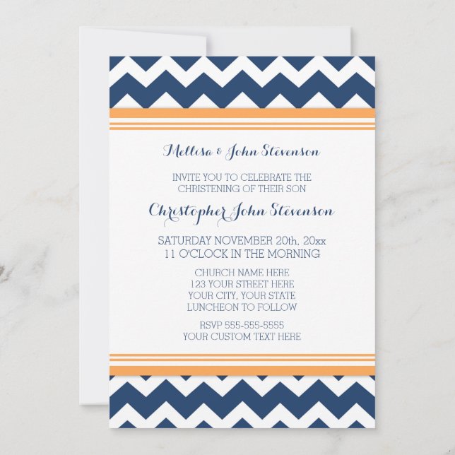 Blue Orange Chevron Christening Invitation (Back)