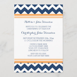 Blue Orange Chevron Christening Invitation