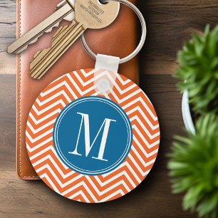 Blue & Orange Chevron Pattern with Monogram Keychain