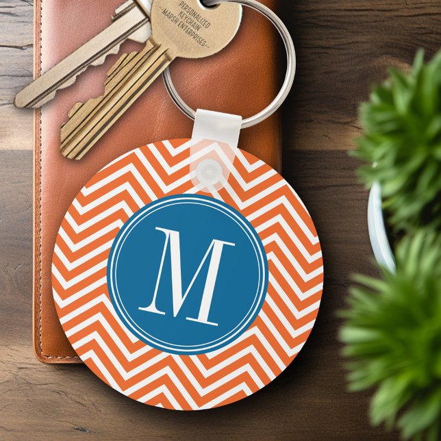 Blue & Orange Chevron Pattern with Monogram Keychain (Personalized Keychain - Add Name or Monogram)