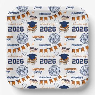 Blue Orange Class of 2026 Graduation Party Paper Plate