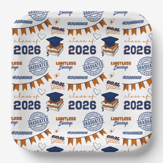Blue Orange Class of 2026 Graduation Party Paper Plate (Front)