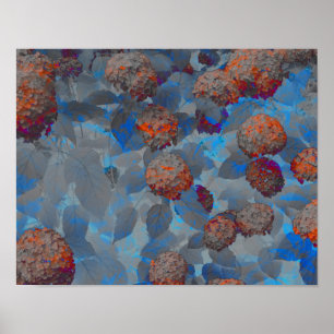 Blue orange colour flower pattern digital art poster