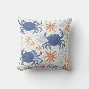 Blue & Orange Crab & Starfish Beach Cottage Throw Pillow