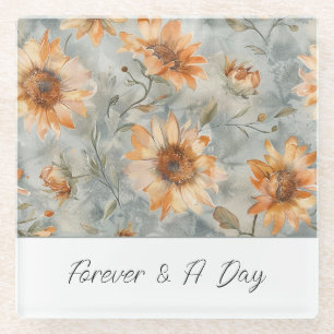 Blue Orange Cream Flowers Forever Glass Coaster