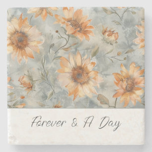 Blue Orange Cream Flowers Forever Stone Coaster