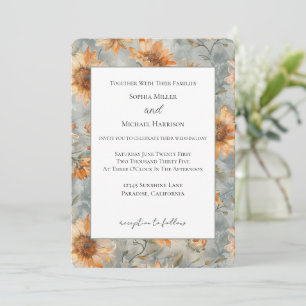 Blue Orange Cream Flowers Wedding Invitation