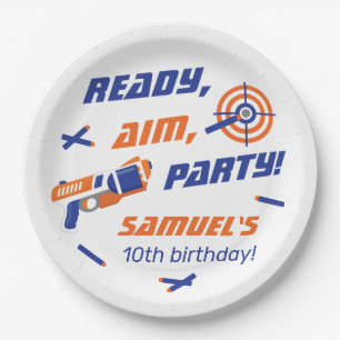 Blue, Orange Dart War Birthday Party, Any Age Paper Plate