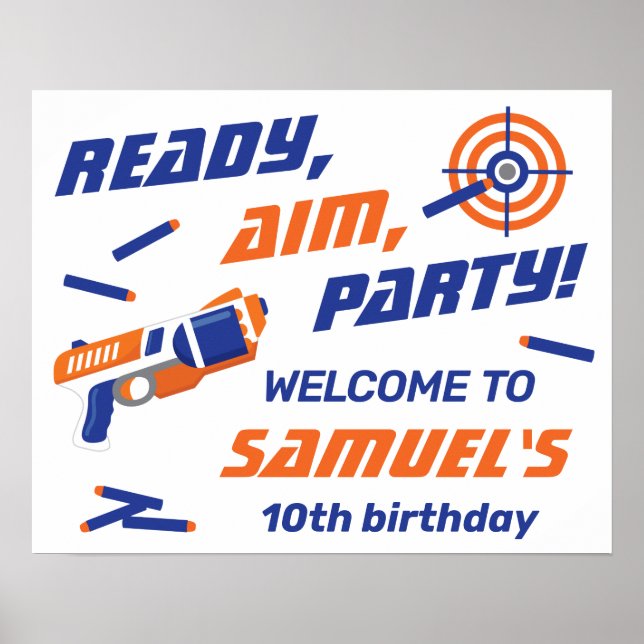 Blue, Orange Dart War Birthday Party, Welcome Poster (Front)
