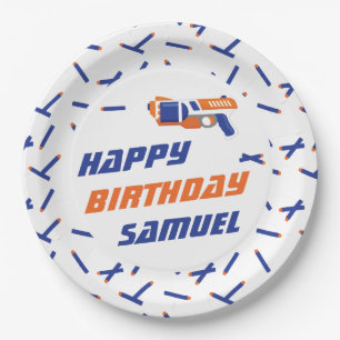 Blue, Orange Dart War Happy Birthday, Any Age Paper Plate