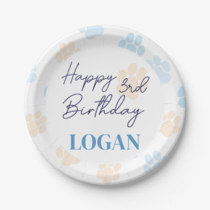 Blue Orange Dog Paw Print Happy Birthday Any Age Paper Plate