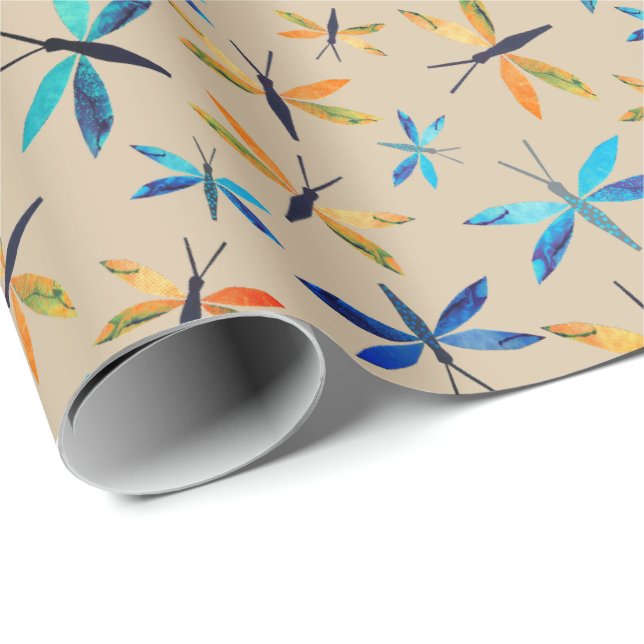 Blue Orange Dragonflies Taupe Hand-Drawn Dragonfly Wrapping Paper (Roll Corner)