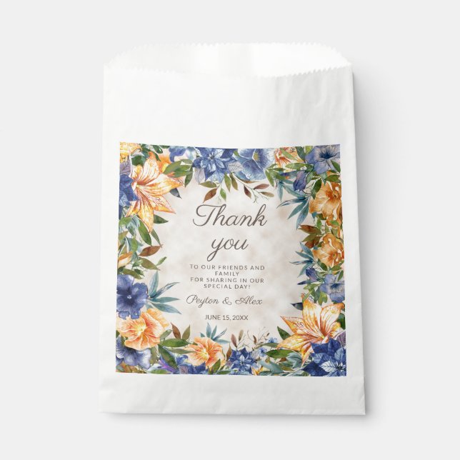Blue Orange Fall Autumn Floral Wedding Favour Bag (Front)