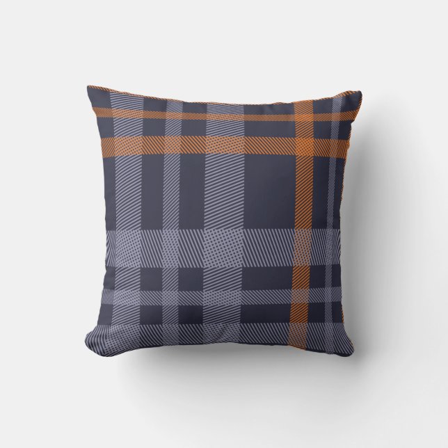 Blue & Orange Fall Plaid Pattern Throw Pillow (Front)