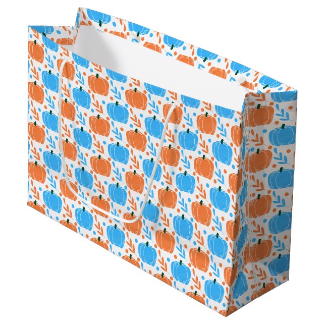 Blue Orange Fall Pumpkin Leaves Pattern Large Gift Large Gift Bag (Front Angled)