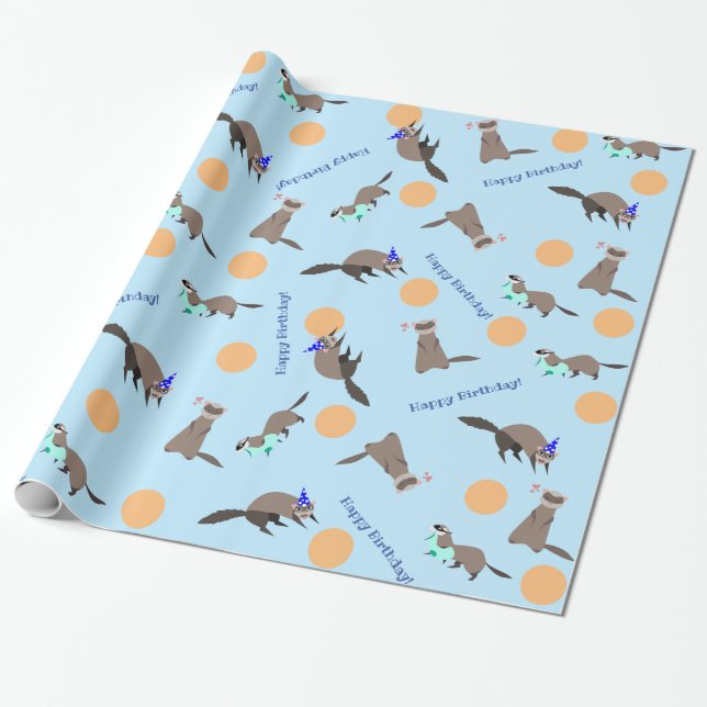 Blue Orange Ferret Birthday Wrapping Paper (Unrolled)