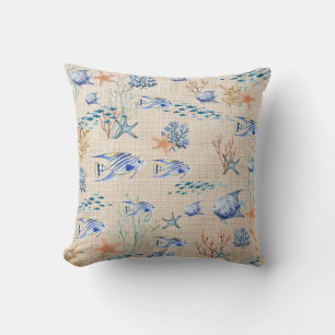 Blue Orange Fish Starfish Coral Reef Coastal Beach Throw Pillow