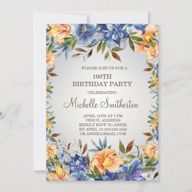 Blue Orange Floral 100e Invitation anniversaire (Devant)
