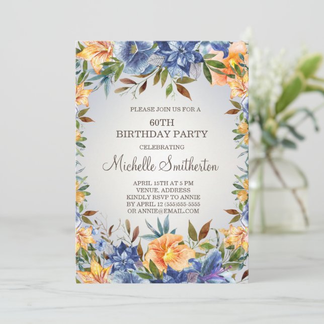 Blue Orange Floral 60e anniversaire Invitation (Debout devant)