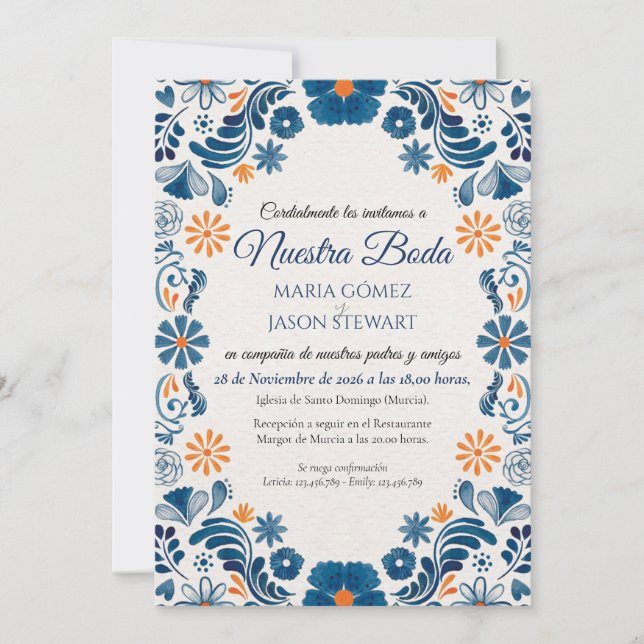 Blue Orange Floral Elegant Fiesta Spanish Wedding Invitation (Front)