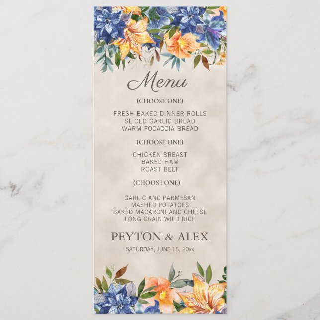 Blue Orange Floral Fall Autumn Wedding  Menu (Front)