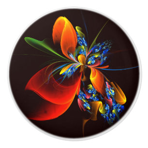 Blue Orange Floral Modern Abstract Art Pattern #03 Ceramic Knob