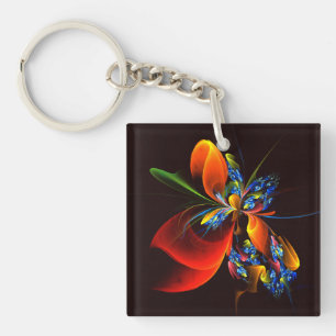 Blue Orange Floral Modern Abstract Art Pattern #03 Keychain
