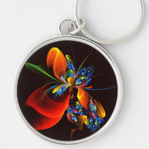 Blue Orange Floral Modern Abstract Art Pattern #03 Keychain