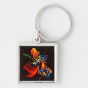 Blue Orange Floral Modern Abstract Art Pattern #03 Keychain