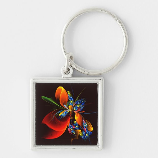 Blue Orange Floral Modern Abstract Art Pattern #03 Keychain (Front)
