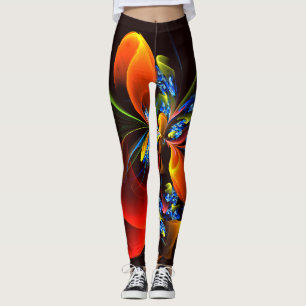 Blue Orange Floral Modern Abstract Art Pattern #03 Leggings
